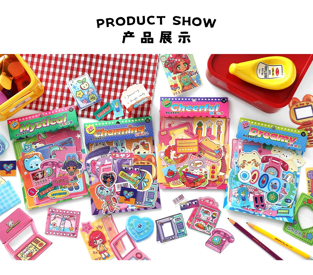 20/80pcs Neon Tribe Series Kawaii Ins Cartoon Small Element Adhesive Label Material Pack Scrapbooking DIY Aesthetic Stationery