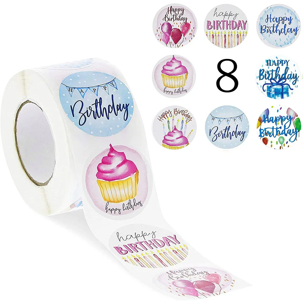 100-500pcs Happy Birthday Roll Stickers Birthday Balloon Roll Decals Stickers Fun Birth Day Cake Greeting Sticker for Card Box