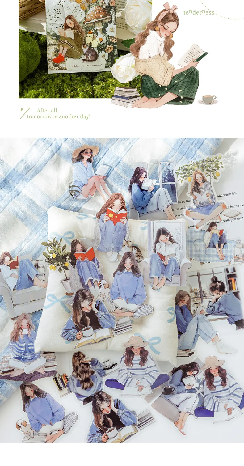 30 Pcs/Pack Reading Girl Stickers Aesthetic Stick Labels Decorative Diary Album Material Scrapbooking Supplies