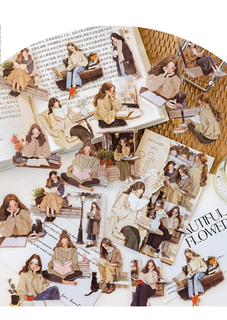 30 Pcs/Pack Reading Girl Stickers Aesthetic Stick Labels Decorative Diary Album Material Scrapbooking Supplies