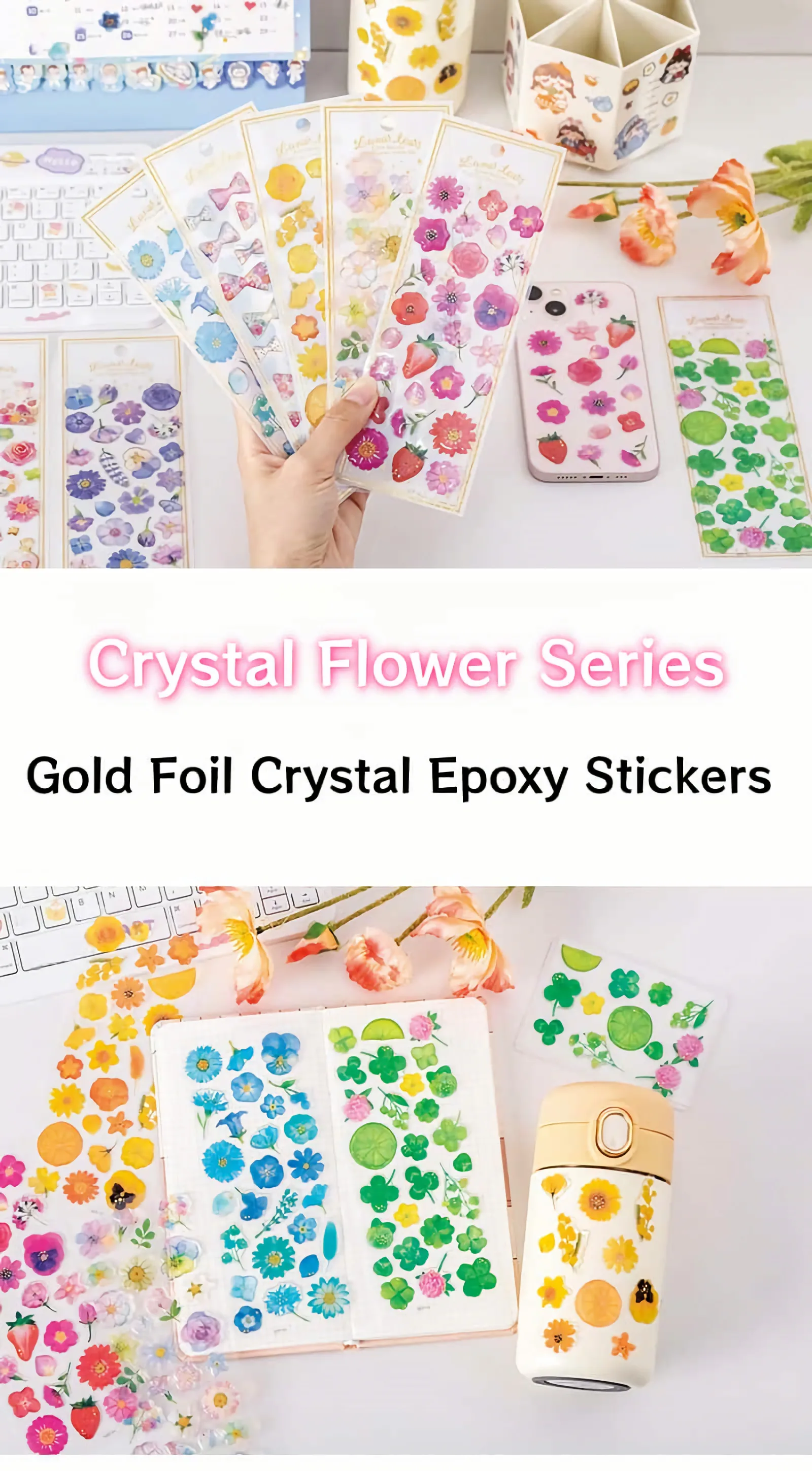 Cute Kawaii Crystal Jelly Flower Stickers 3D Puffy Epoxy Resin Decals for Scrapbooking Journal Planner Phone DIY Laptop Decor