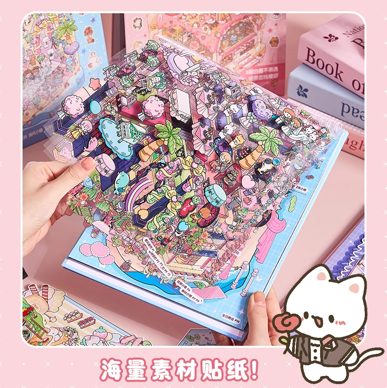 Kawaii 3D Rainbow Island Series Miniature Scene Stickers Book Visual Stacking DIY Pocket House Stickers Children's Festival Gift