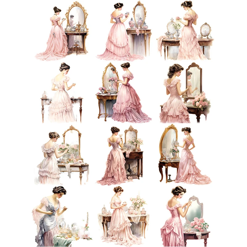 12Pcs/Pack Makeup Mirror Girl Sticker DIY Craft Scrapbooking Album Junk Journal Decorative Stickers