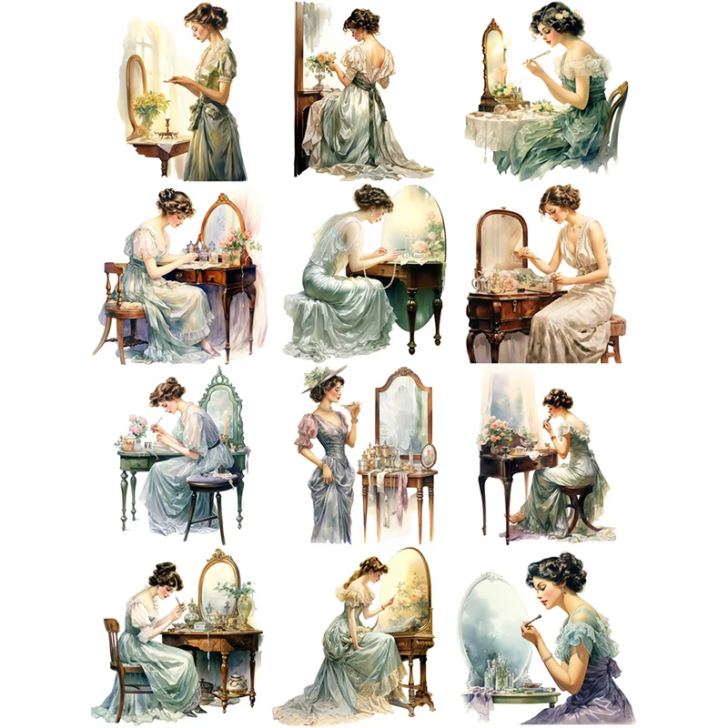 12Pcs/Pack Makeup Mirror Girl Sticker DIY Craft Scrapbooking Album Junk Journal Decorative Stickers