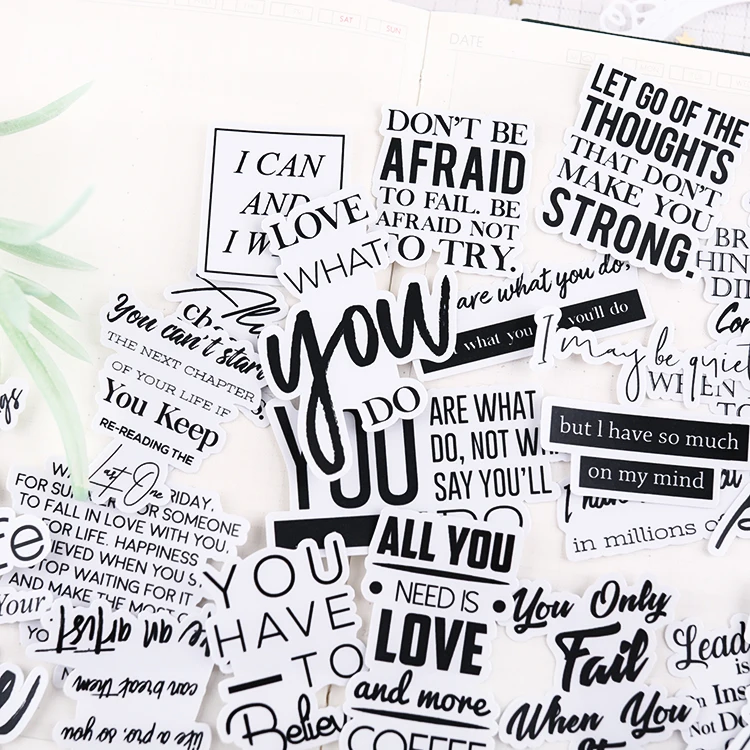 55pcs Cute Stickers Hand Account English Magazine Short Sentence Letter Material Decorative Set Stationery Planner