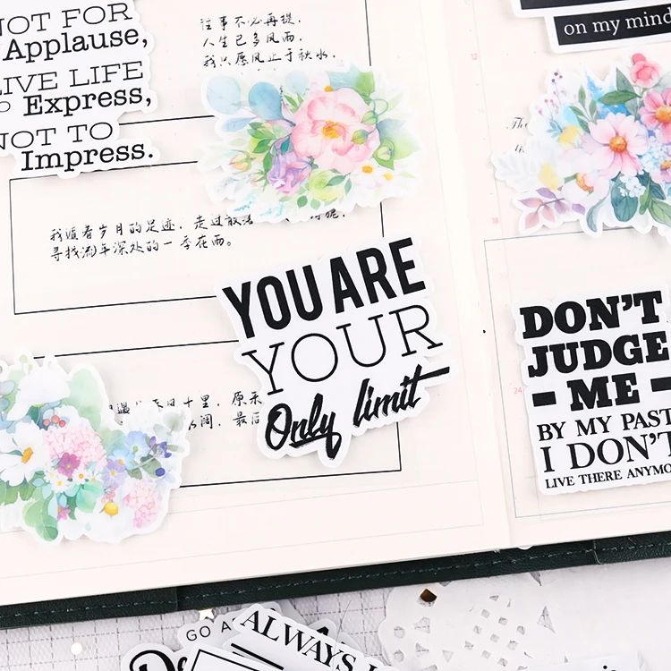 55pcs Cute Stickers Hand Account English Magazine Short Sentence Letter Material Decorative Set Stationery Planner