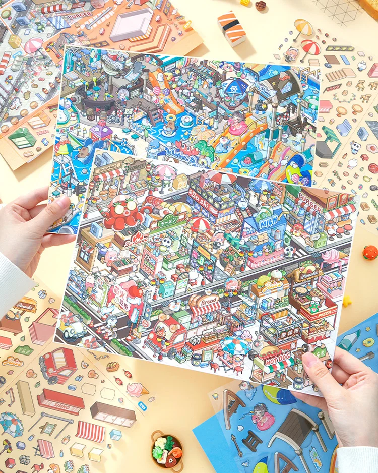 Amusement Park Series Large Landscape Stickers Miniature Scene Creative Stationery Decompression Art Supplies for Office Use