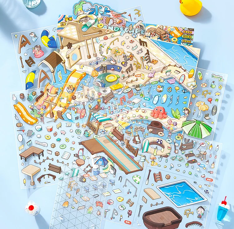 Amusement Park Series Large Landscape Stickers Miniature Scene Creative Stationery Decompression Art Supplies for Office Use