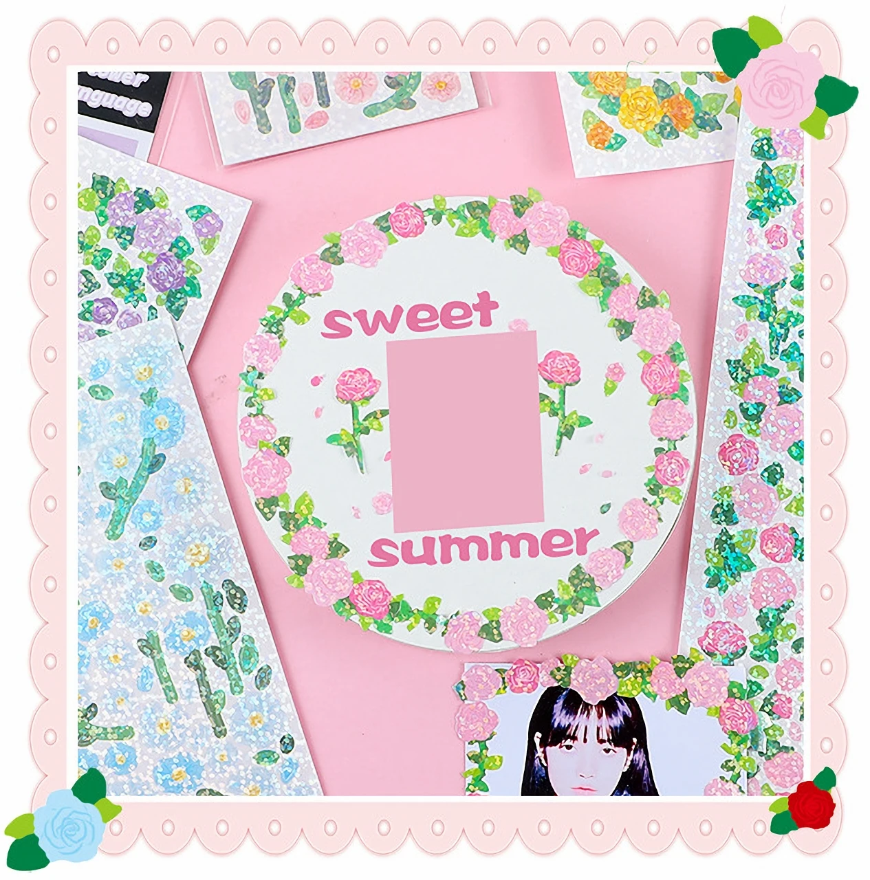 Cute Korean Style Flower Hologram Stickers - Kawaii Sticker for KPOP Toploader deco Scrapbooking Memopad Decoration