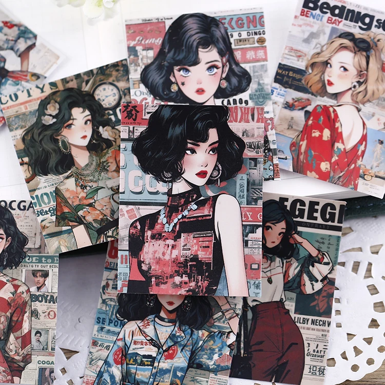 16pcs Hong Kong Style Girls Stickers Pack Aterproof DIY Cute Characters and Chinese Design for Scrapbook and Kid's Stationery