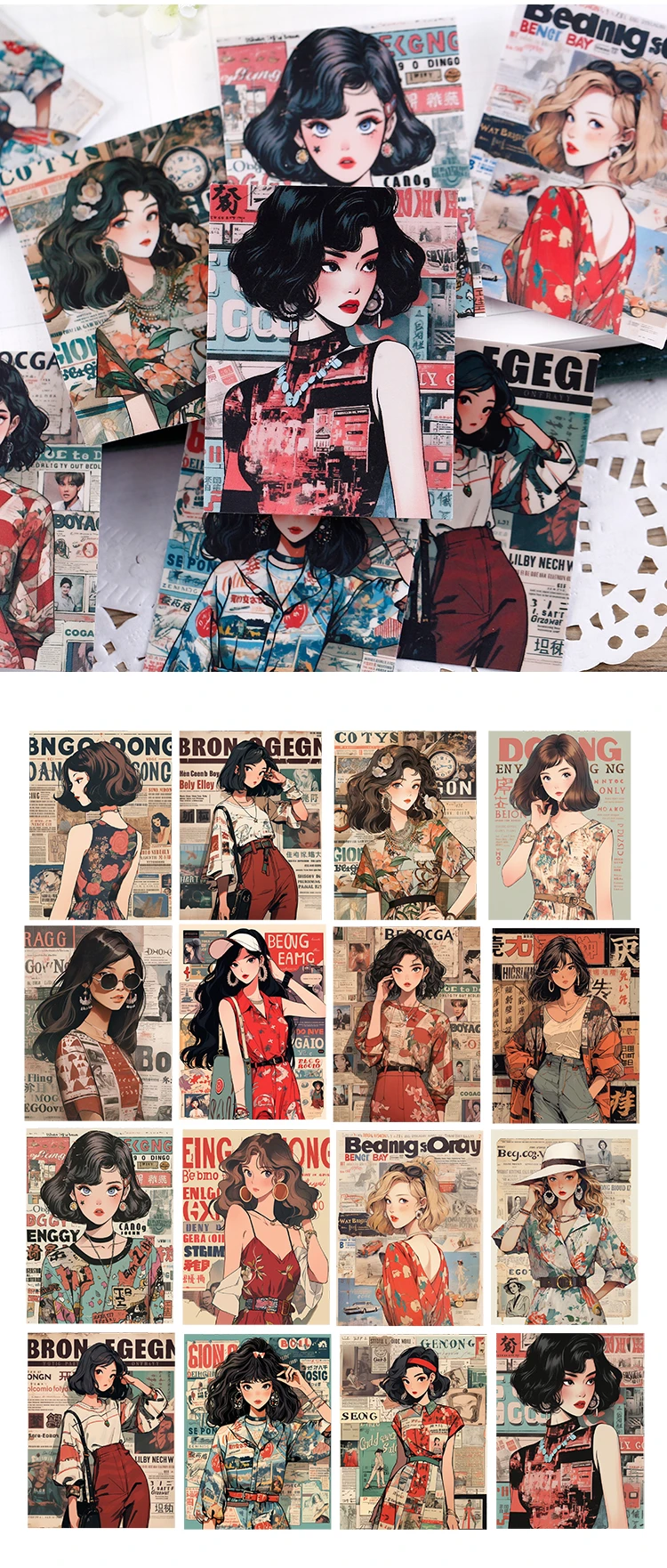 16pcs Hong Kong Style Girls Stickers Pack Aterproof DIY Cute Characters and Chinese Design for Scrapbook and Kid's Stationery
