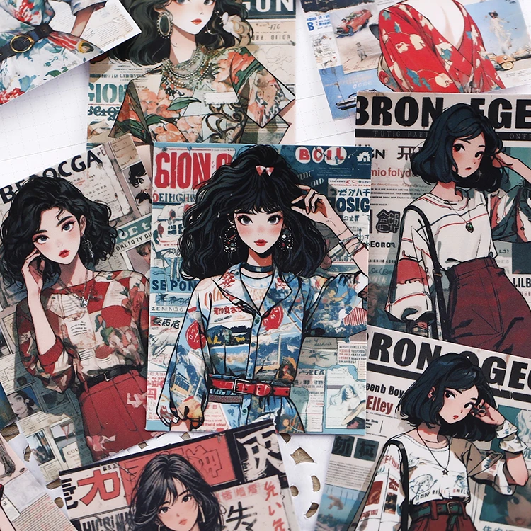 16pcs Hong Kong Style Girls Stickers Pack Aterproof DIY Cute Characters and Chinese Design for Scrapbook and Kid's Stationery