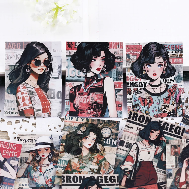 16pcs Hong Kong Style Girls Stickers Pack Aterproof DIY Cute Characters and Chinese Design for Scrapbook and Kid's Stationery
