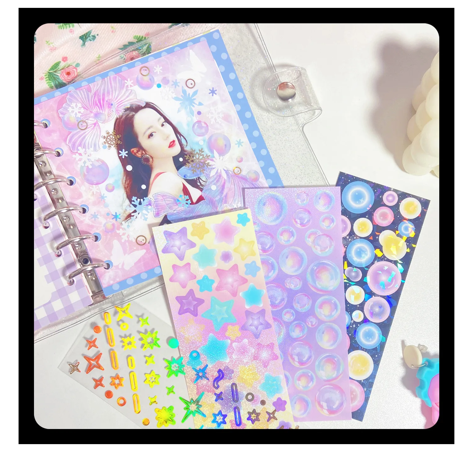 3pcs Colorful Party Decorative Stickers Cute butterfly feather bubble Scrapbooking Label Diary Stationery Art Journal Planner
