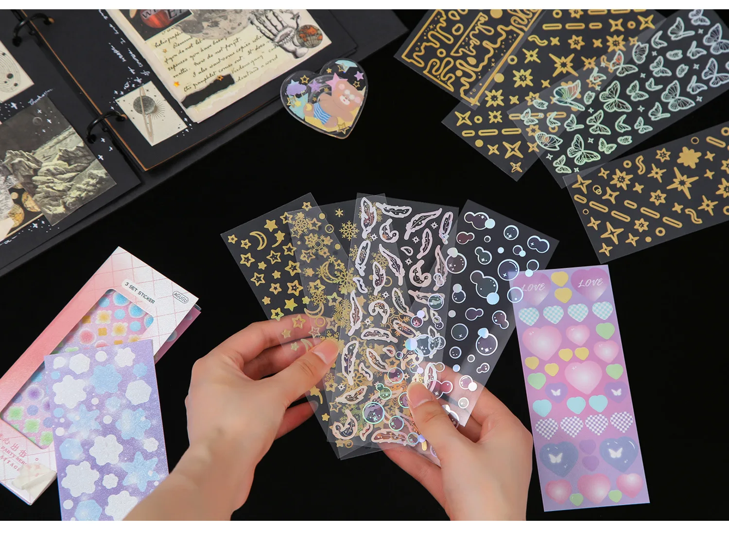 3pcs Colorful Party Decorative Stickers Cute butterfly feather bubble Scrapbooking Label Diary Stationery Art Journal Planner