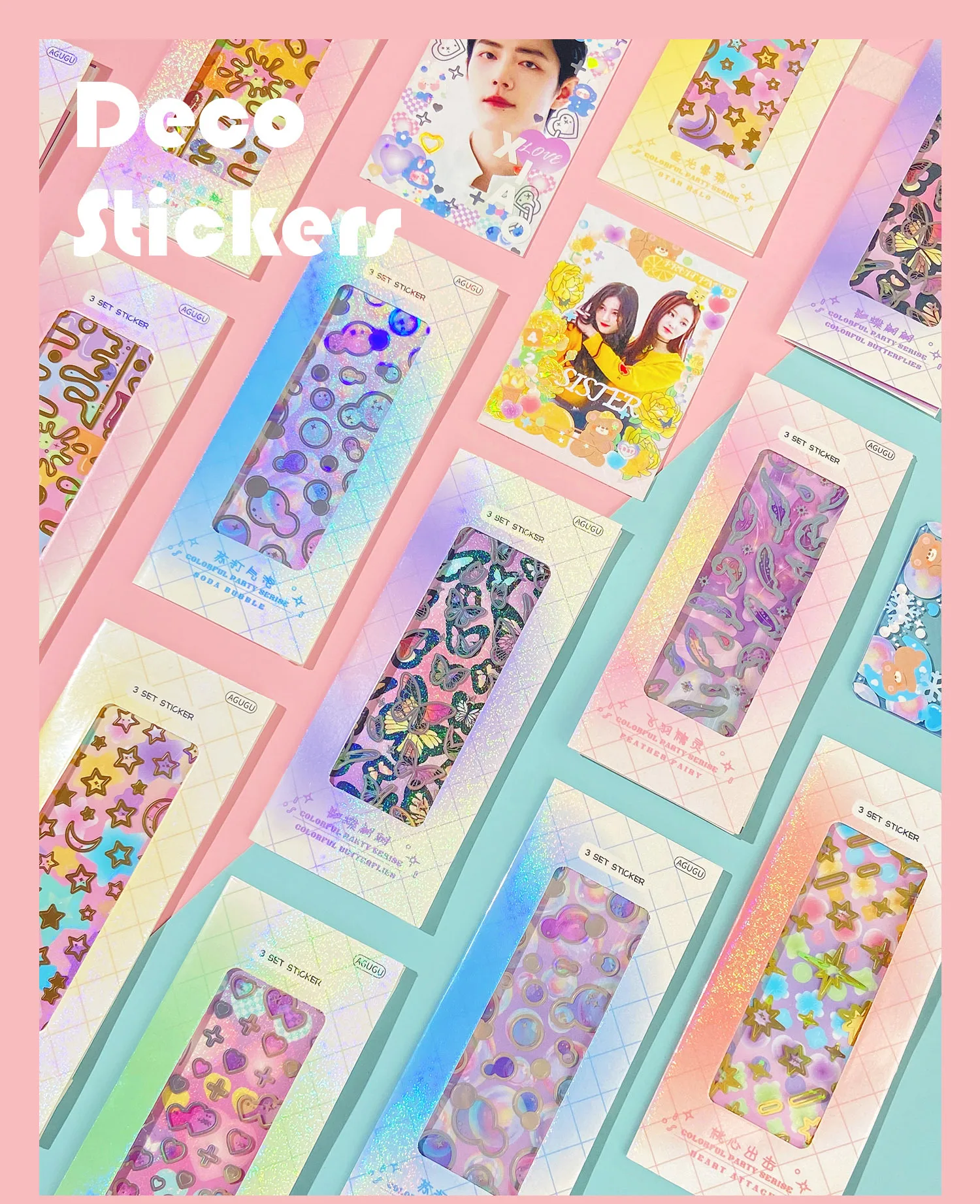 3pcs Colorful Party Decorative Stickers Cute butterfly feather bubble Scrapbooking Label Diary Stationery Art Journal Planner