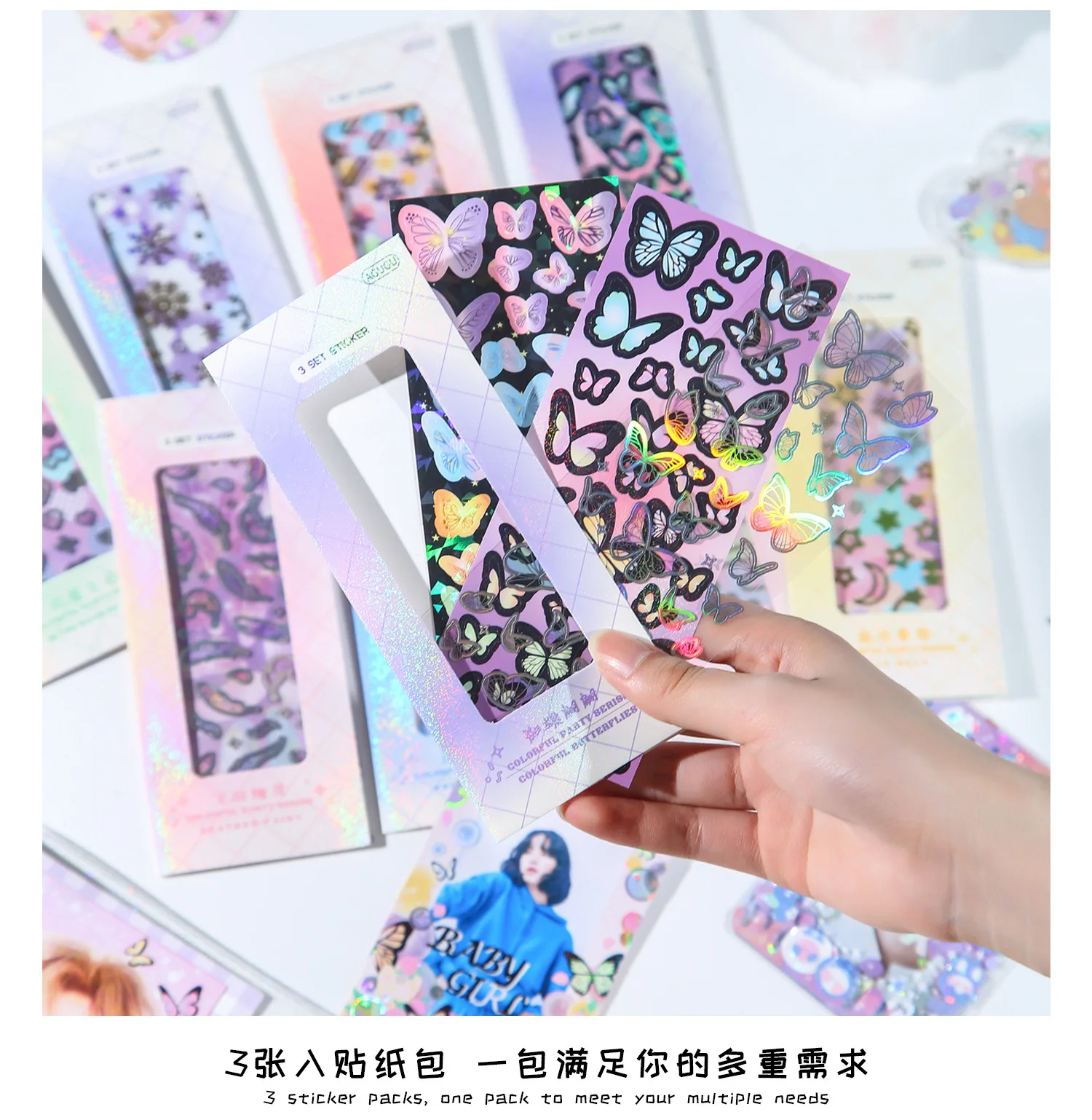 3pcs Colorful Party Decorative Stickers Cute butterfly feather bubble Scrapbooking Label Diary Stationery Art Journal Planner