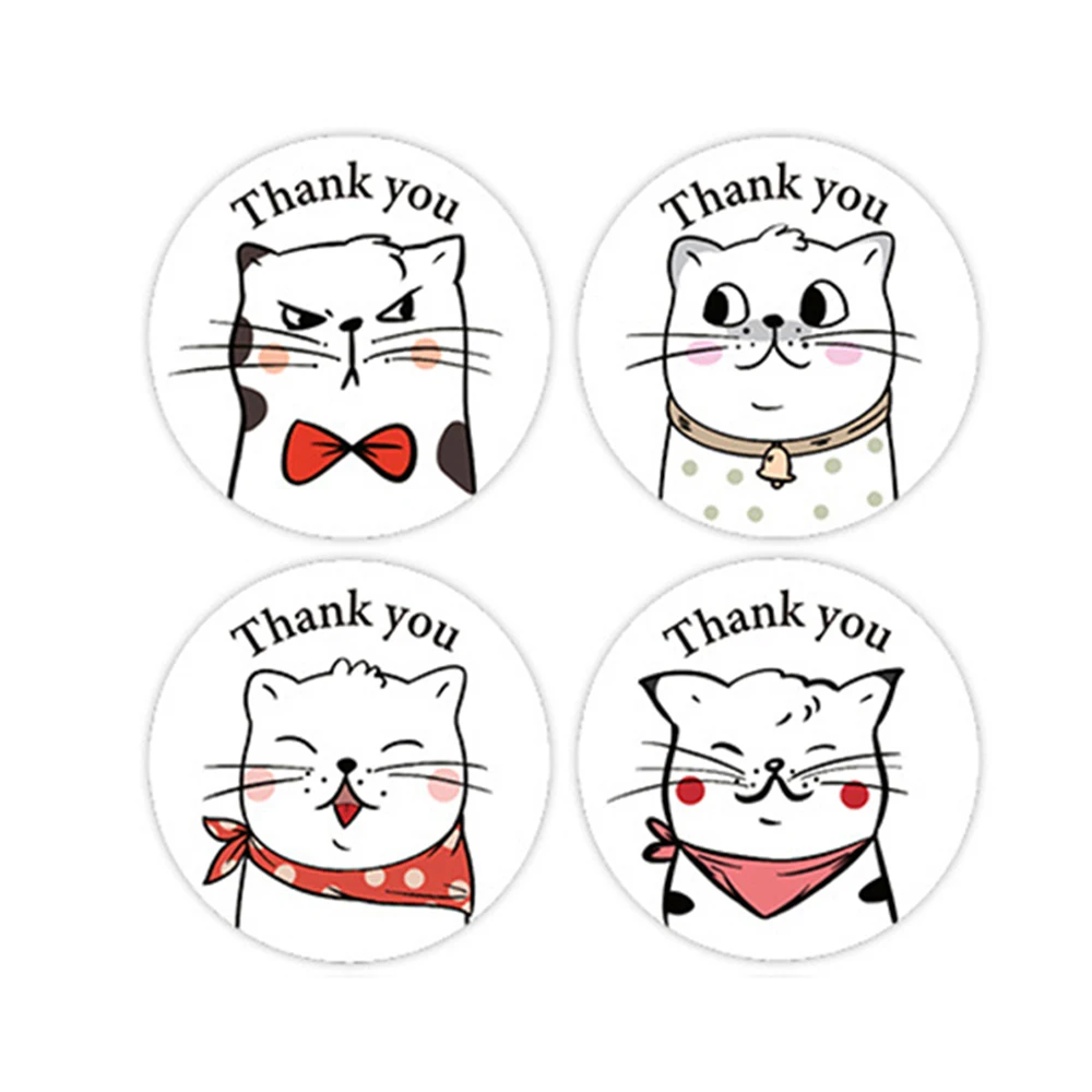 500pcs/roll Thank You Cat Stickers Cute Cartoon Animal Stickers Kids Gift Party Birthday Packaging Sealing Baking Business Label