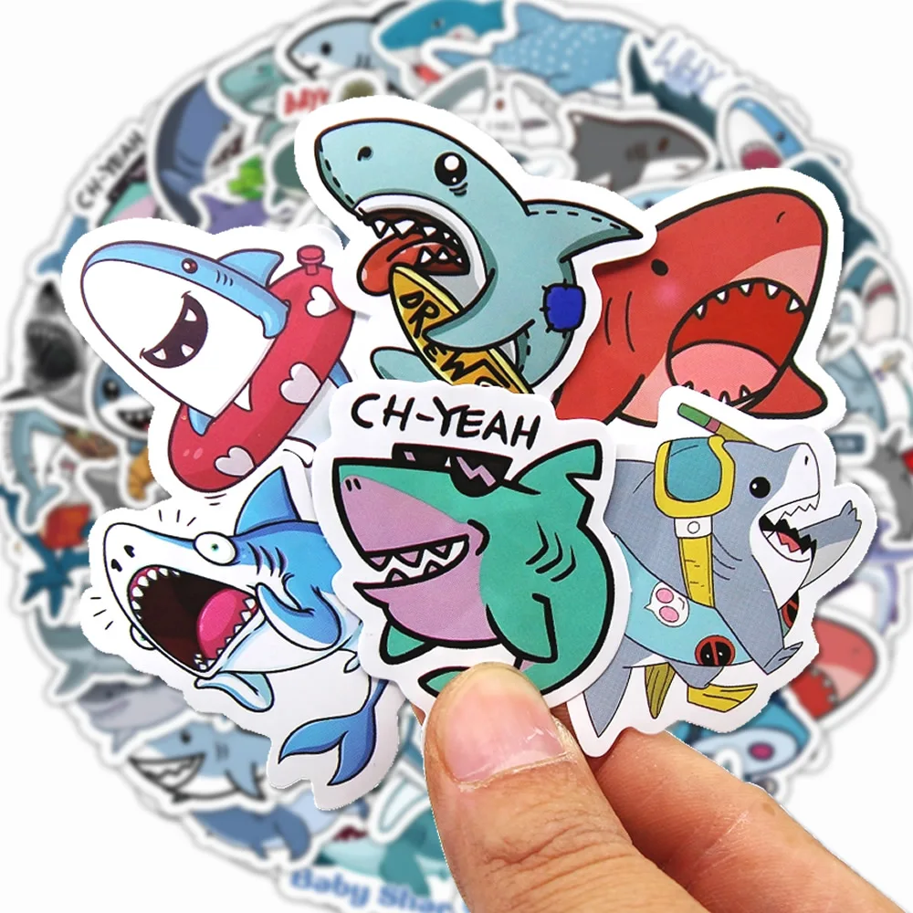 50-300p Sharks Ocean Fish Kawaii Stickers Toys Cute Cartoon Decals For Kids DIY Laptop Scrapbook Stationery Fridge Funny Sticker