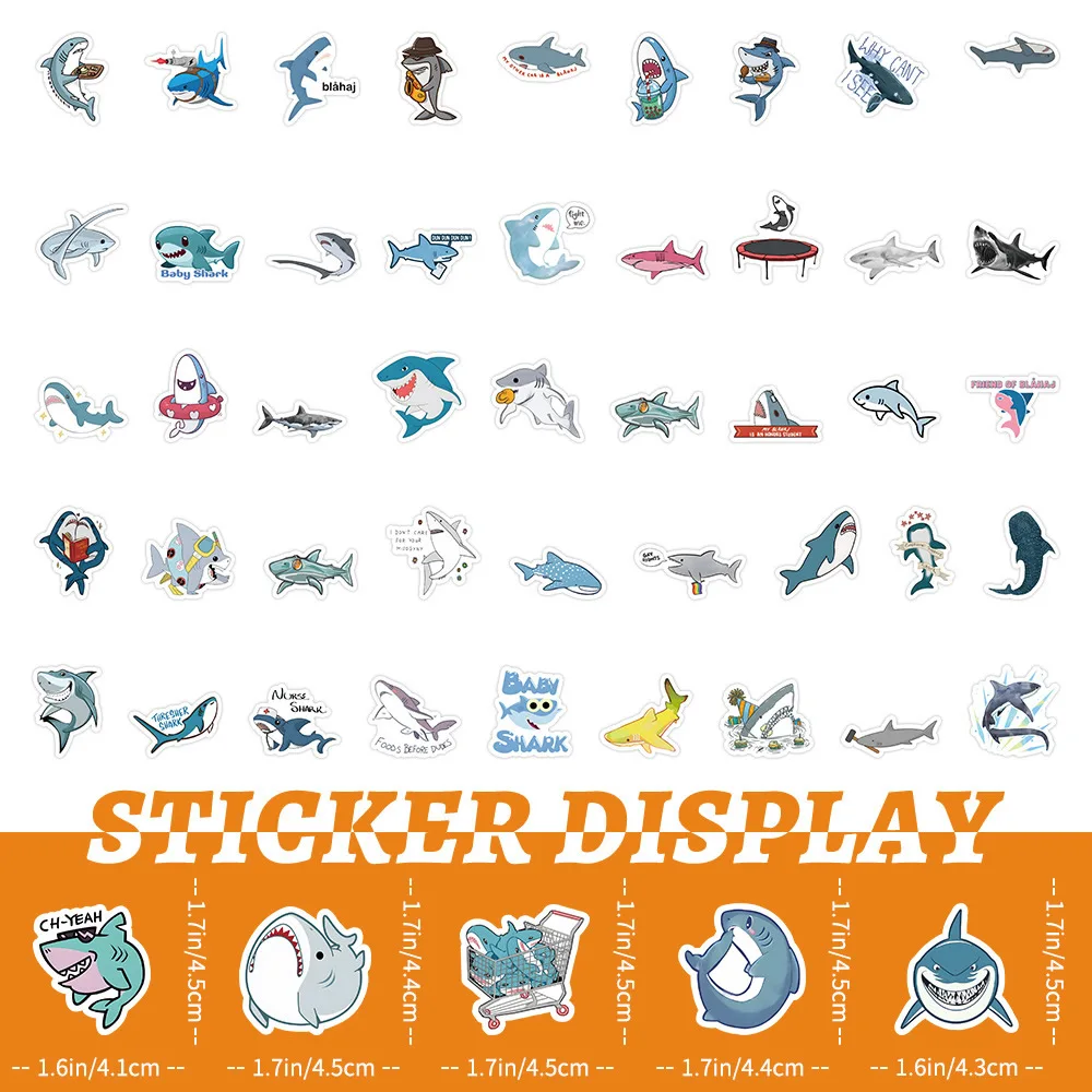 50-300p Sharks Ocean Fish Kawaii Stickers Toys Cute Cartoon Decals For Kids DIY Laptop Scrapbook Stationery Fridge Funny Sticker