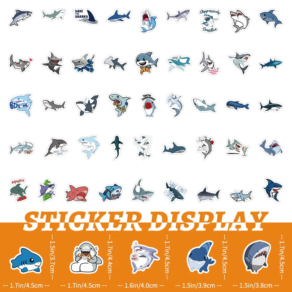 50-300p Sharks Ocean Fish Kawaii Stickers Toys Cute Cartoon Decals For Kids DIY Laptop Scrapbook Stationery Fridge Funny Sticker