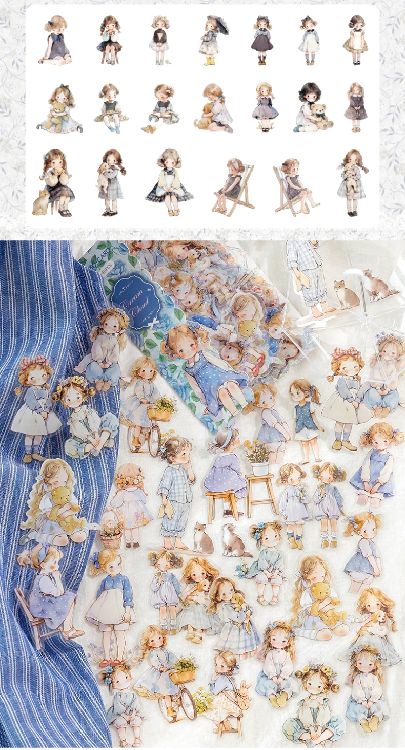 40pcs/pack Kawaii Ins Aesthetic Stationery Stickers Cute Doll PET Stickers DIY Scrapbook Diary Album Junk Journal Decoration