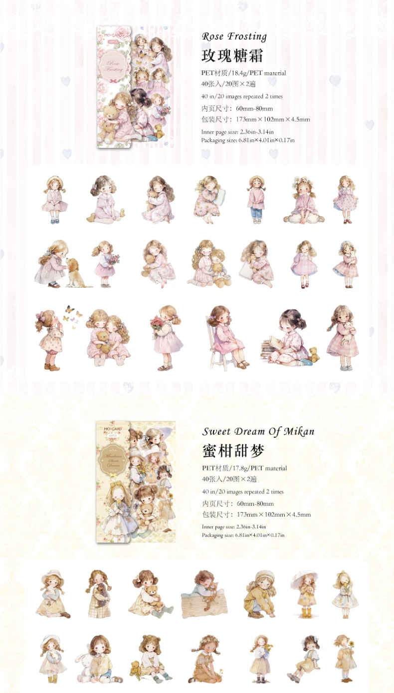 40pcs/pack Kawaii Ins Aesthetic Stationery Stickers Cute Doll PET Stickers DIY Scrapbook Diary Album Junk Journal Decoration