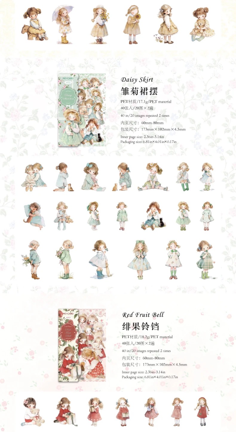 40pcs/pack Kawaii Ins Aesthetic Stationery Stickers Cute Doll PET Stickers DIY Scrapbook Diary Album Junk Journal Decoration