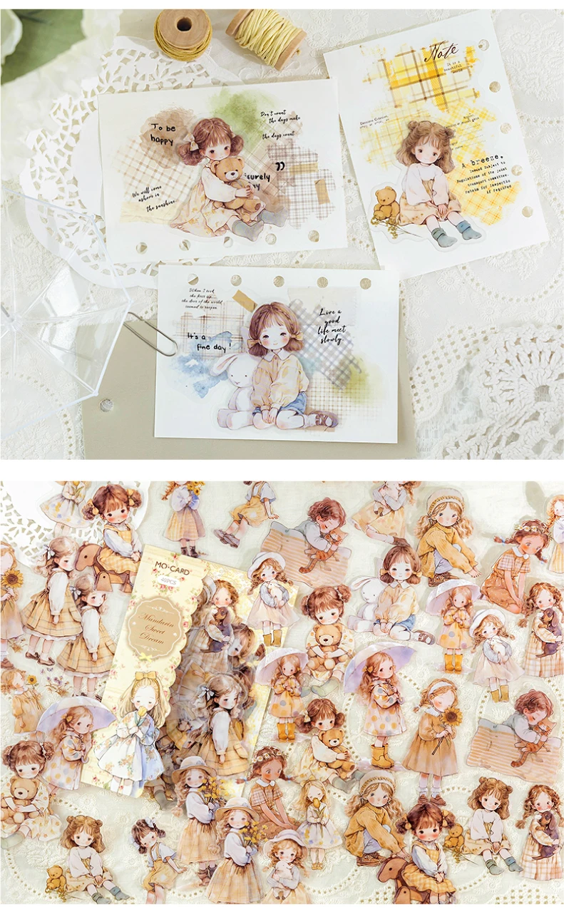 40pcs/pack Kawaii Ins Aesthetic Stationery Stickers Cute Doll PET Stickers DIY Scrapbook Diary Album Junk Journal Decoration