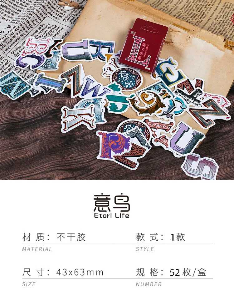 52 Pcs Washi Tape Stickers Set Vintage English Alphabet Letter Journal Decorative DIY Adhesive for Scrapbooking And Diary