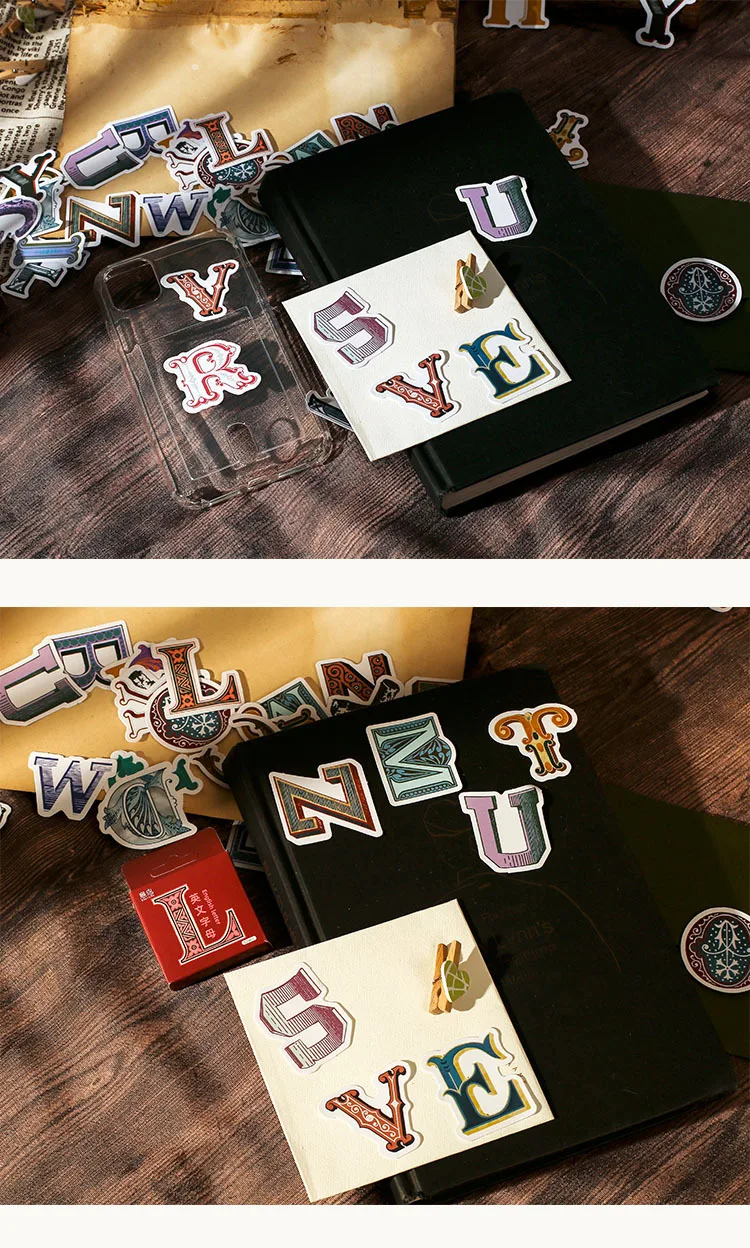 52 Pcs Washi Tape Stickers Set Vintage English Alphabet Letter Journal Decorative DIY Adhesive for Scrapbooking And Diary