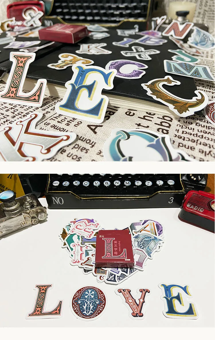52 Pcs Washi Tape Stickers Set Vintage English Alphabet Letter Journal Decorative DIY Adhesive for Scrapbooking And Diary
