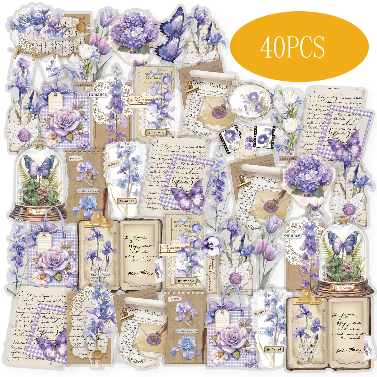 Etori Life Purple Blue Roland Letters with Floral Patterns Vintage Journal Stickers DIY Scrapbook Supplies, Room Decoration, Gift Box Packaging, Baking Sealing, Student Stationery, Children's Stickers, Die-Cut Craft