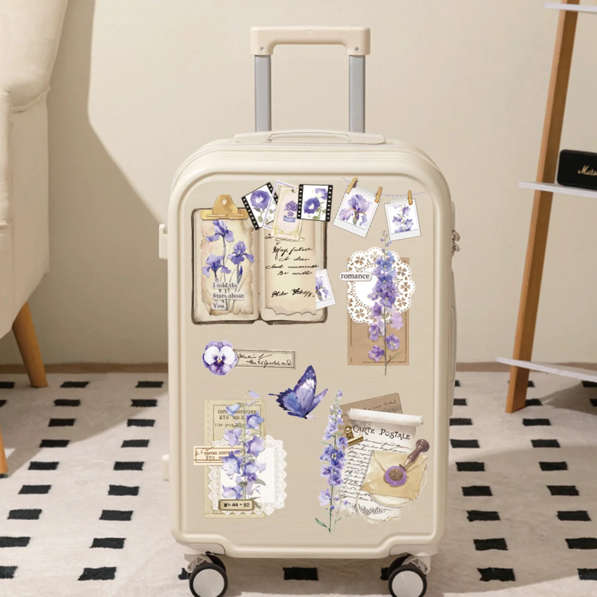 Etori Life Purple Blue Roland Letters with Floral Patterns Vintage Journal Stickers DIY Scrapbook Supplies, Room Decoration, Gift Box Packaging, Baking Sealing, Student Stationery, Children's Stickers, Die-Cut Craft