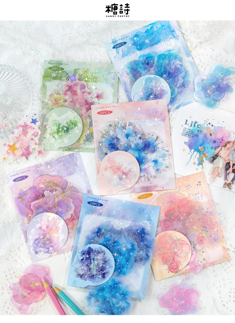 10pcs/1lot Kawaii Scrapbook Stickers flowing light and overflowing color Scrapbooking Supplies Planner Decorative Stationery