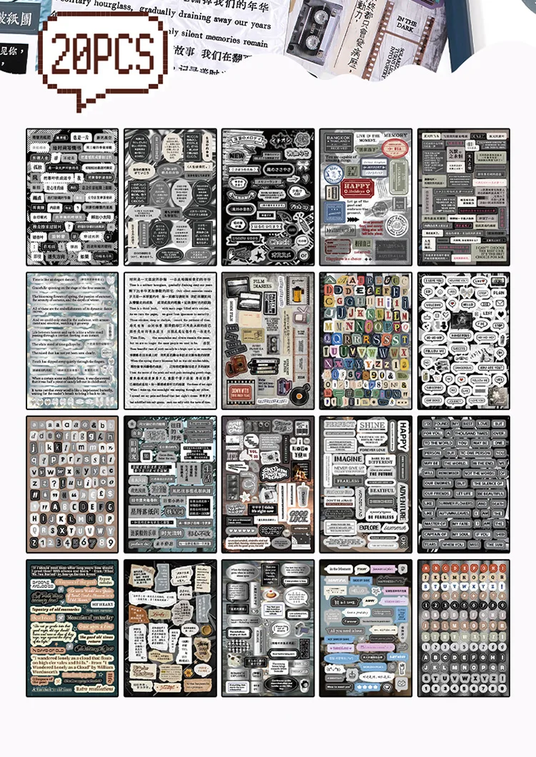 20sheets retro English letter die cut sticker book creative handbook decoration DIY scrapbook Junk Journal aesthetic supplies