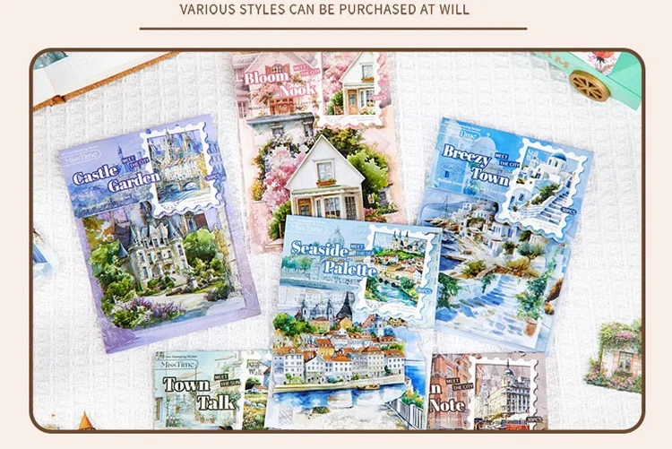 30pcs/pack Ins Aesthetic Stationery Stickers Town Scenery PET Scrapbook Stickers Collage Decor Diary Album Junk Journal Supplies