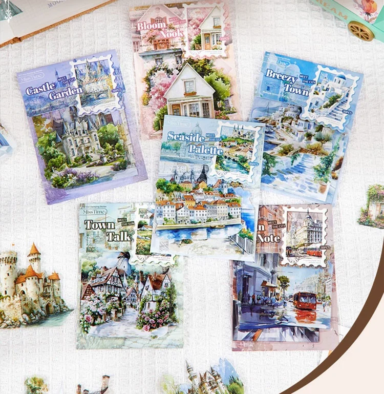 30pcs/pack Ins Aesthetic Stationery Stickers Town Scenery PET Scrapbook Stickers Collage Decor Diary Album Junk Journal Supplies