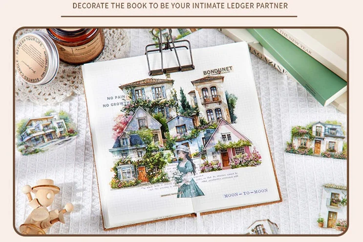 30pcs/pack Ins Aesthetic Stationery Stickers Town Scenery PET Scrapbook Stickers Collage Decor Diary Album Junk Journal Supplies