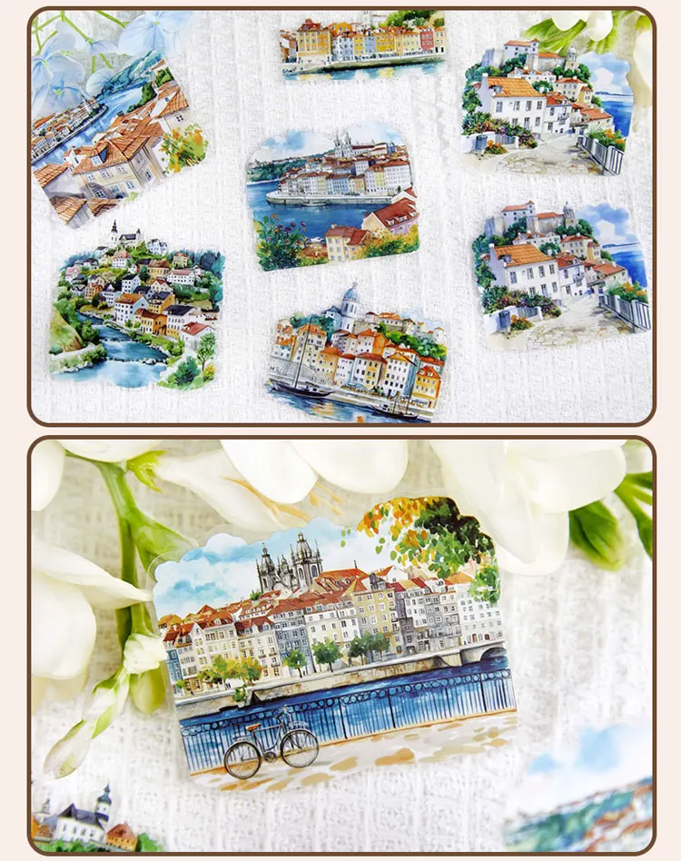 30pcs/pack Ins Aesthetic Stationery Stickers Town Scenery PET Scrapbook Stickers Collage Decor Diary Album Junk Journal Supplies