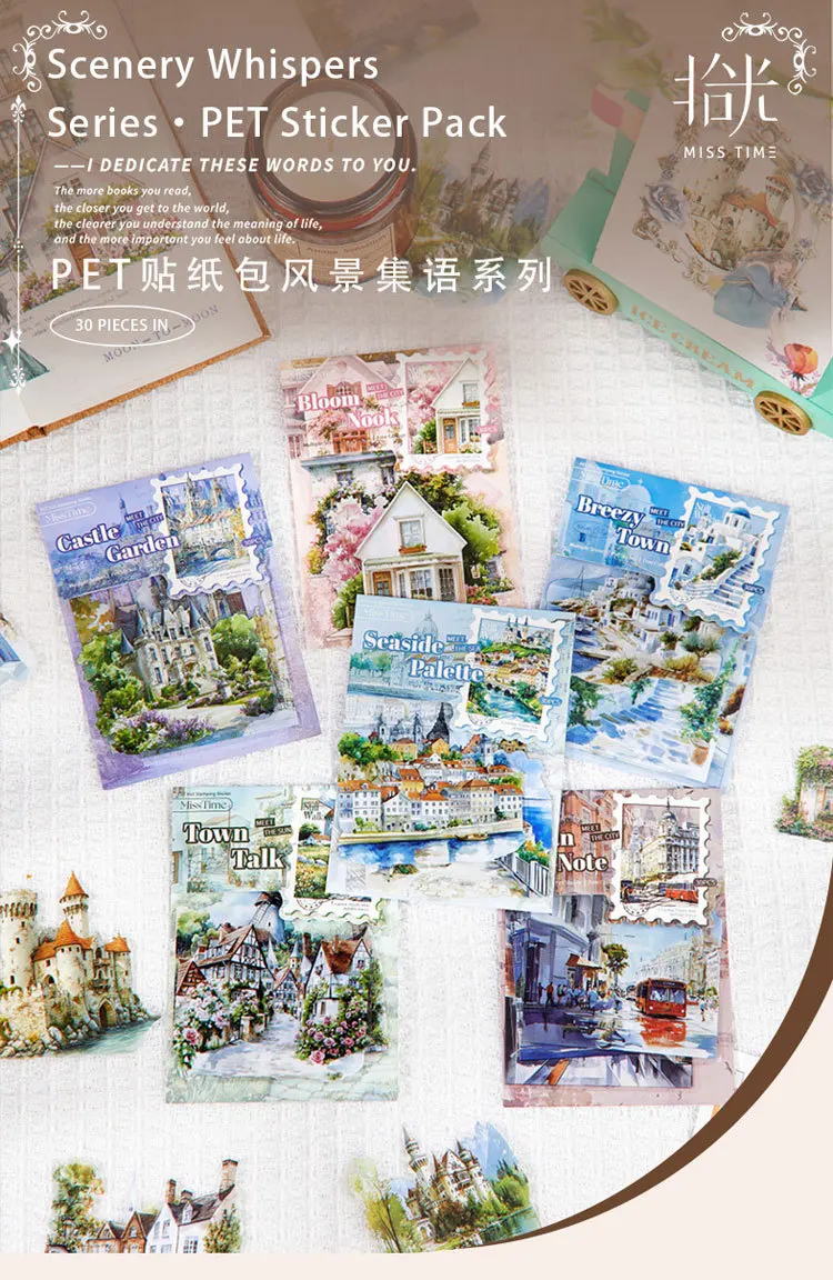 30pcs/1lot Kawaii Stationery Stickers Landscape Collection Language Junk Journaling Decorative Scrapbooking for Scrapbook