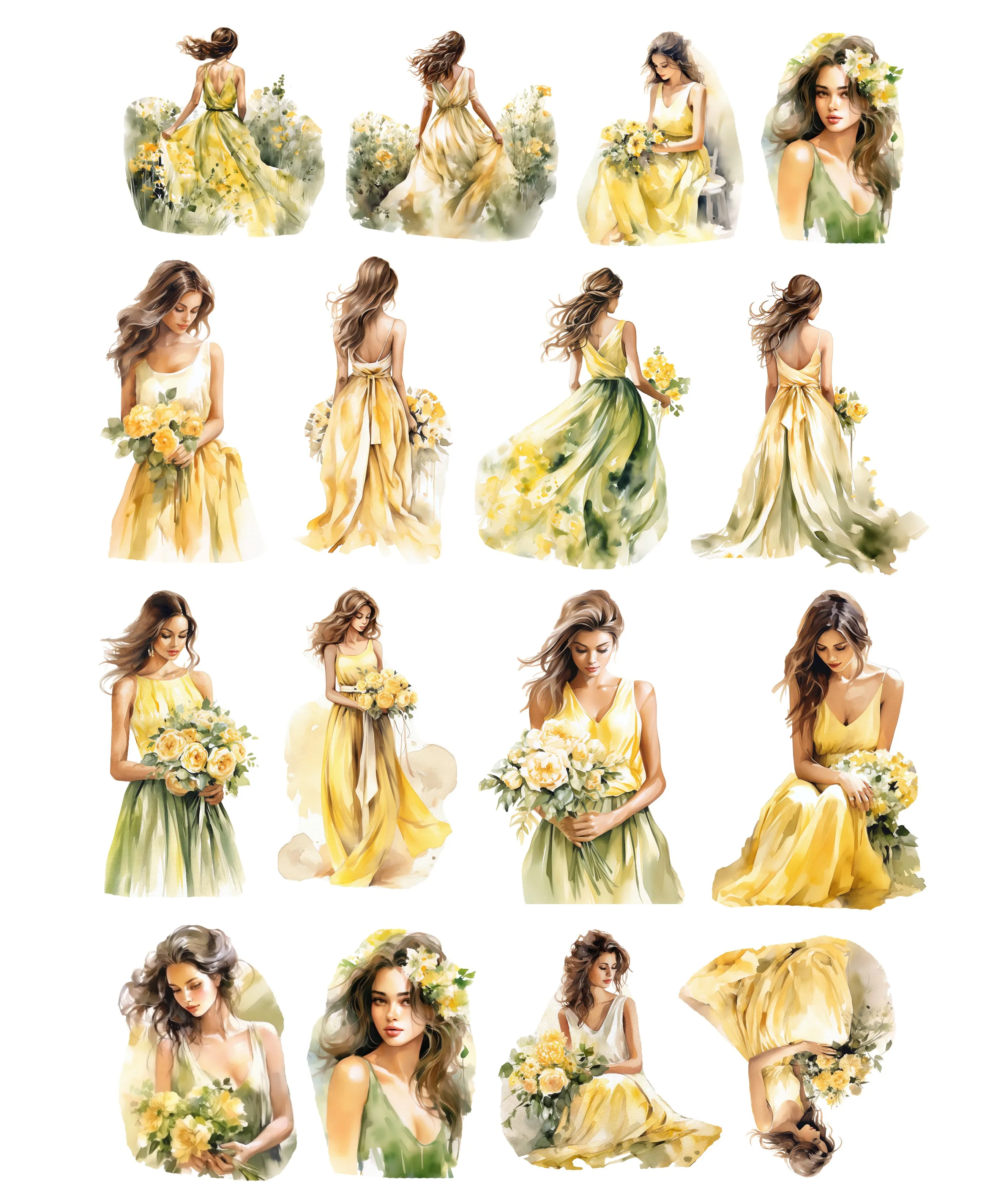 Fantasy Yellow Watercolor Summer Long Skirt Girl Stickers Cute Crafts Scrapbooking Planner Journal Stationery Planner Kawaii