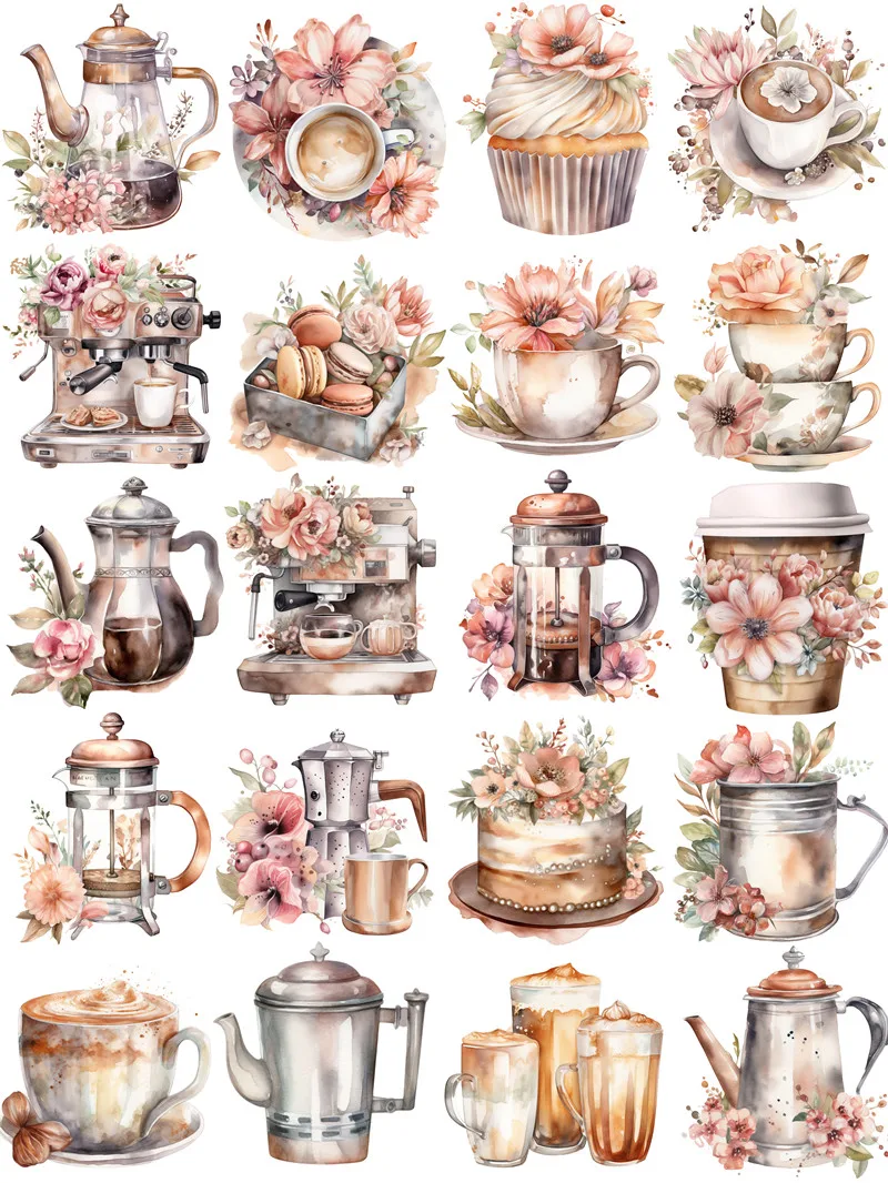 20Pcs/Pack Flowers Coffee Sticker DIY Craft Scrapbooking Album Junk Journal Decorative Stickers