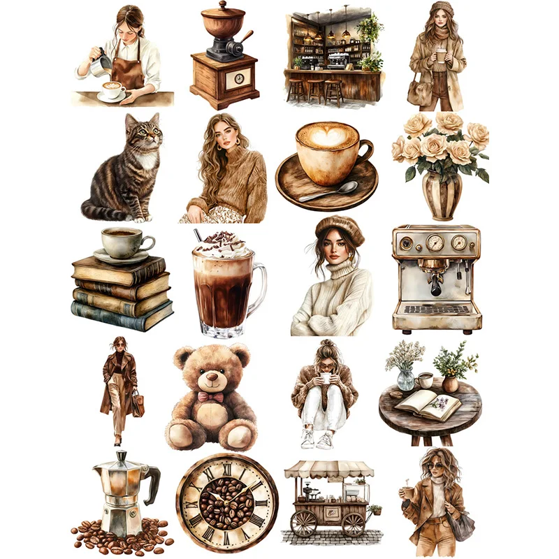 20Pcs/Pack Coffee Girls Sticker DIY Craft Scrapbooking Album Junk Journal Decorative Stickers