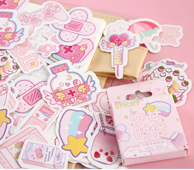 46Pcs Pink Girlhood Mini Paper Stickers Kawaii Japanese Stationery for DIY Album Diary Scrapbooking Label Decor