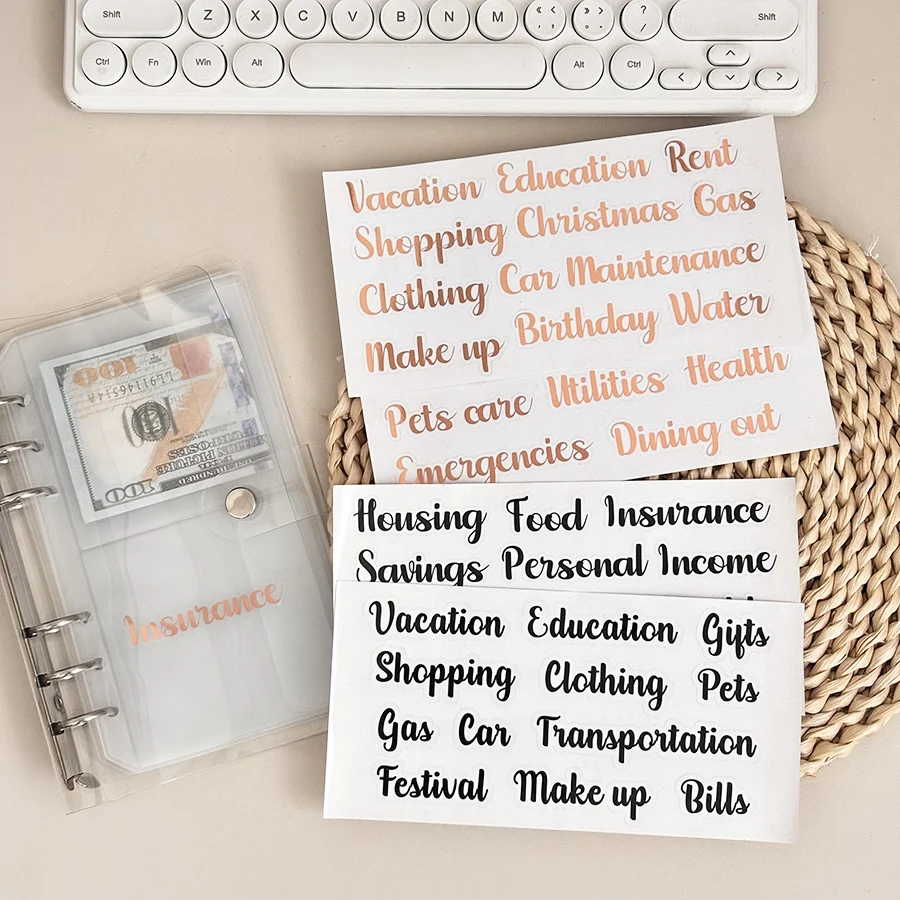 Sharkbang 2pcs PET English Stickers, Black And Aold Artistic Lettering, Fit For DIY Budget Book Labels And School Suppliers