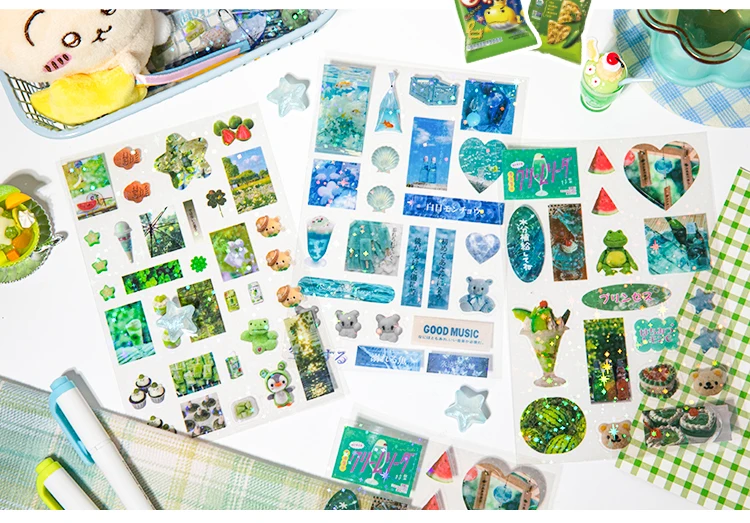 10sheets Kawaii Japanese Showa style glitter film PET die-cutting stickers DIY handmade scrapbook cute stationery stickers