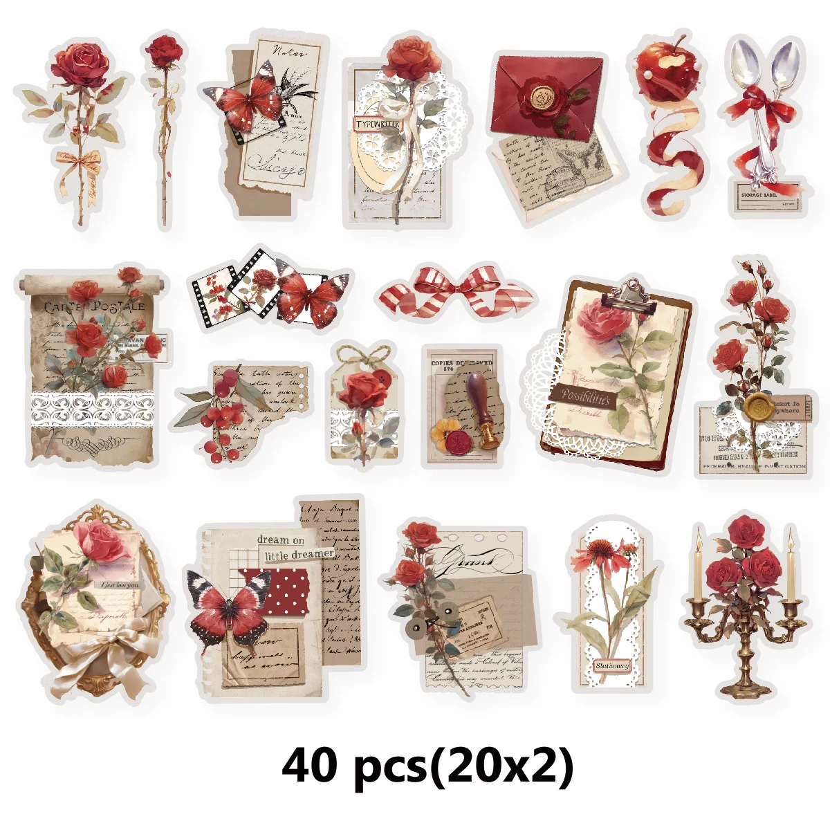 Etori Life Red Enchanting Rose Red Love Letter Vintage Journal Pattern Stickers for Scrapbooking Supplies, Photo Albums, Room Decoration, Envelopes, Magazines, Student Stationery, DIY Crafts, Children's Stickers, Die-Cut Crafts