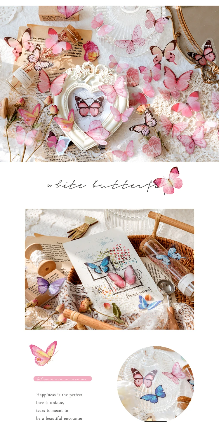 40Pcs/lot Butterfly Stickers Scrapbooking Bullet Journaling Toy Retro Craft Deco Album DIY Stationery Stickers Waterproof
