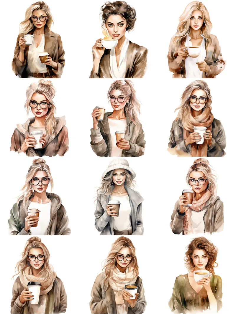 12Pcs/Pack Vintage Coffee Girls Sticker DIY Craft Scrapbooking Album Junk Journal Decorative Stickers